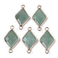 Natural Green Aventurine Links Connectors, with Edge Light Gold Plated Brass Findings, Faceted, Rhombus, 29~30x15x4mm, Hole: 2.5mm(G-S359-107G)