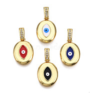 Brass Micro Pave Clear Cubic Zirconia Pendants, with Enamel, Nickel Free, Oval with Evil Eye, Real 18K Gold Plated, Mixed Color, 20x14x2.5mm, Hole: 3x6mm(KK-N227-141)