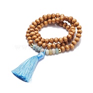 Natural Flower Amazonite & Wood Round Beaded Wrap Bracelet, Three Loops Bracelet with Polyester Tassel Big Pendant for Women, Peru, 22-7/8 inch(58cm)(BJEW-JB08092)
