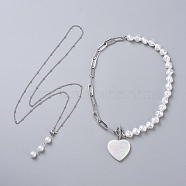 Pendant Necklaces, with 304 Stainless Steel Twisted Chains/Curb Chains, Paperclip Chains and Plastic Imitation Pearl Beads, Heart, Stainless Steel Color, 15.94 inch(40.5cm), 23.62 inch(60cm), 2pcs/set(NJEW-JN02690)