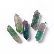 Natural Fluorite Double Terminated Pointed Pendants, with Platinum Tone Brass Findings, Bullet, 39x10x10mm, Hole: 3x6mm(G-G926-01P-13)