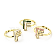 Mixed Color Enamel Initial Letter Adjustable Ring with Clear Cubic Zirconia, Real 18K Gold Plated Brass Jewelry for Women, Cadmium Free & Lead Free, Letter.F, US Size 5 1/4(16mm), Letter.F: 13x10mm(RJEW-P045-01G-F)