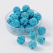 Polymer Clay Rhinestone Beads, Pave Disco Ball Beads, Grade A, Round, Half Drilled, Aquamarine, 8mm, Hole: 1mm(RB-H258-HD8mm-202)
