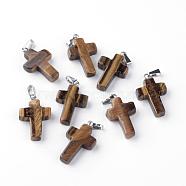Natural Tiger Eye Pendants, Dyed, with Brass Pinch Bails, Platinum Plated, Cross, 23.5~28x15~18x4mm, Hole: 3x6mm(G-J354-04)