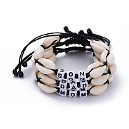 (Jewelry Parties Factory Sale)Family Bracelets Sets, Adjustable Korean Waxed Polyester Cord Braided Bead Bracelets, with Acrylic Letter Beads and Cowrie Shell, Word DAD & MOM & SON, Black, Inner Diameter: 2 inch~3-1/2 inch(5.1~9cm), 3pcs/set(BJEW-JB05260)