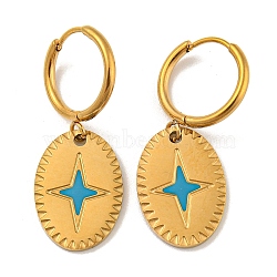 304 Stainless Steel Hoop Earrings, Oval with Star Pattern 316 Surgical Stainless Steel Enamel Drop Earrings, Golden, 30x12mm(EJEW-G380-05G)