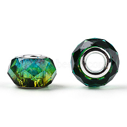 Transparent Resin European Beads, Imitation Crystal, Two-Tone Large Hole Beads, with Silver Tone Brass Double Cores, Faceted, Rondelle, Lime Green, 14x8.5mm, Hole: 5mm(RPDL-T003-08C)