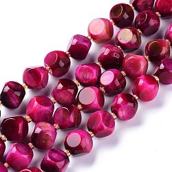 Natural Tiger Eye Beads Strands, Dyed & Heated, with Seed Beads, Six Sided Celestial Dice, Medium Violet Red, 11.5~12.5x11.5~12.5mm, Hole: 1mm, about 29~30pcs/strand, 15.55~15.94inch(39.5~40.5cm)(G-A030-B01-01-12mm)