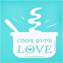 Self-Adhesive Silk Screen Printing Stencil, for Painting on Wood, DIY Decoration T-Shirt Fabric, Pot with Word COOK WITH LOVE, Sky Blue, 28x22cm(DIY-WH0173-025)