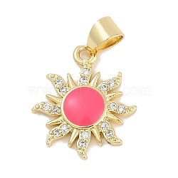 Brass Micro Pave Cubic Zirconia Pendants, with Enamel, Sun Charms, Lead Free & Cadmium Free, Long-Lasting Plated, Rack Plating, Cerise, 17x14.5x2.5mm, Hole: 5x3mm(KK-Q028-29G-03)