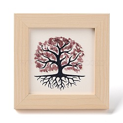 Tree of Life Natural Strawberry Quartz Chips Picture Frame Stand, with Wood Square Frame, Feng Shui Money Tree Picture Frame Home Office Decoration, 66x130x120mm, Inner Diameter: 90x90mm(DJEW-F021-02A)