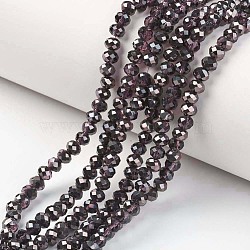 Electroplate Transparent Glass Beads Strands, Half Black Plated, Faceted, Rondelle, Coconut Brown, 6x5mm, Hole: 1mm, about 85~88pcs/strand, 16.1~16.5 inch(41~42cm)(EGLA-A034-T6mm-P07)