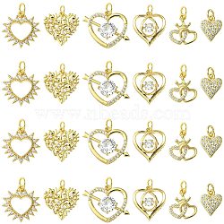 12Pcs 6 Styles Rack Plating Brass Pave Cubic Zirconia Pendants, Lead Free & Cadmium Free, with Jump Ring, Long-Lasting Plated, Heart Charm, Real 18K Gold Plated, 11~18x9~21x2~6mm, Hole: 3.4mm(KK-CJ0002-05)