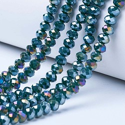 Electroplate Glass Beads Strands, Opaque Solid Color, AB Color Plated, Faceted, Rondelle, Teal, 4x3mm, Hole: 0.4mm, about 113~115pcs/strand, 41~42cm(EGLA-A034-P4mm-B10)