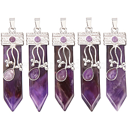 Beebeecraft 5Pcs Natural Amethyst Big Pendants, Arrow Charms, with Platinum Plated Alloy Findings, 56~58x16x10mm, Hole: 5x7mm(G-BBC001-24)