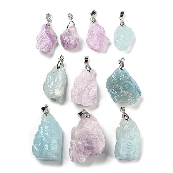 Raw Rough Natural Mixed Stone Pendants, Natural Aquamarine/Kunzite, Nuggets Charms with Platinum Plated Brass Pinch Bails, 24~47x14.5~35x10~19mm, Hole: 6x4mm