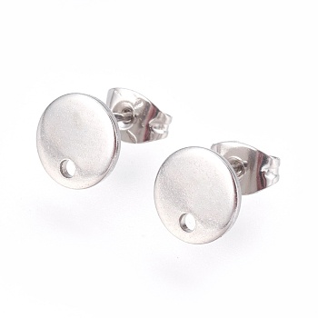 304 Stainless Steel Stud Earring Findings, with Flat Plate, Flat Round, Stainless Steel Color, 8x1mm, 12mm, pin: 0.8mm