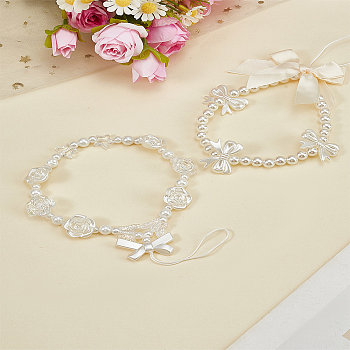 2Pcs 2 Style Plastic Beaded Mobile Phone Lanyard Wrist Strap, Bowknot Phone Anti-Lost Chain for Women Girls, White, 18~20cm, 1pc/style