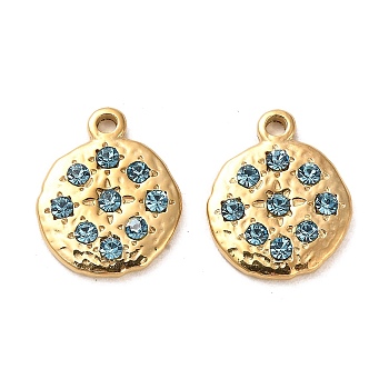 304 Stainless Steel Pendants, with Aquamarine Rhinestone, Flat Round Charms, Real 14K Gold Plated, 19x15.5x3mm, Hole: 1.8mm