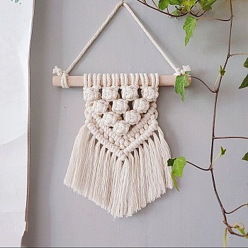 Cotton Cord Macrame Woven Tassel Wall Hanging, Boho Style Hanging Ornament with Wood Sticks, for Home Decoration, Floral White, 200x200mm