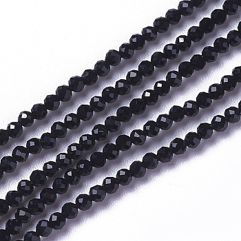 Glass Beads Strands, Faceted, Round, Black, 3~3.5x2.5~3mm, Hole: 0.3mm, about 114~125pcs/strand, 14 inch(35.5cm)