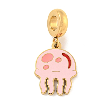 Ion Plating(IP) 304 Stainless Steel Enamel European Dangle Charms, Large Hole Pendants, Jellyfish Charm, Pink, 27mm, Hole: 4.5mm