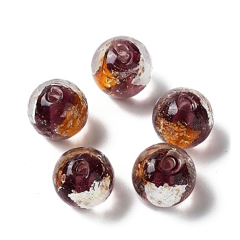 Handmade Lampwork Bead, with Gold Foil, Round, Rosy Brown, 11.5~12x11~11.5mm, Hole: 1.8~2mm