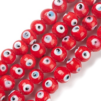 Handmade Evil Eye Lampwork Bead Strands, Round, Red, 10.5~11x9~10mm, Hole: 2~3mm, about 40pcs/strand, 14.13~14.6''(35.9~37.1cm)