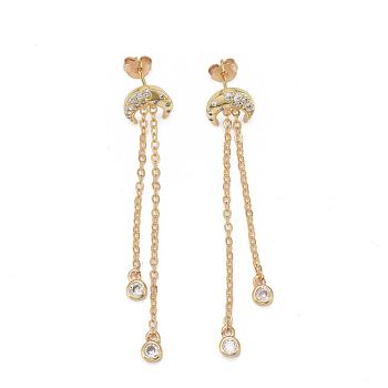 Brass Micro Pave Clear Cubic Zirconia Dangle Stud Earrings, with Cable Chains, Long-Lasting Plated, Moon, Real 18K Gold Plated, 58x10mm, Pin: 0.8mm