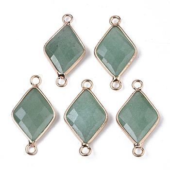 Natural Green Aventurine Links Connectors, with Edge Light Gold Plated Brass Findings, Faceted, Rhombus, 29~30x15x4mm, Hole: 2.5mm