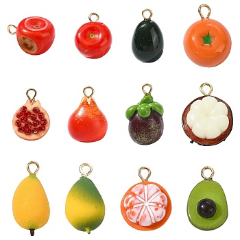 12Pcs 12 Styles Brass Acrylic Pendants, Lead Free & Cadmium Free, Rack Plating, Long-Lasting Plated, Golden, Fruit, 15~19.5x9.5~12.5x6~10mm, Hole: 1.8mm, 1pc/style 