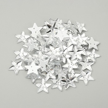 Sew on Rhinestone, Faceted Acrylic Rhinestone, 2-Hole Links, Flat Back & Back Plated, Star, Silver, 13x14x3mm, Hole: 1mm, 500pcs/bag