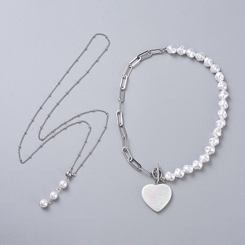Pendant Necklaces, with 304 Stainless Steel Twisted Chains/Curb Chains, Paperclip Chains and Plastic Imitation Pearl Beads, Heart, Stainless Steel Color, 15.94 inch(40.5cm), 23.62 inch(60cm), 2pcs/set