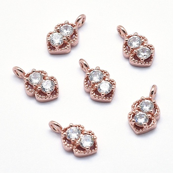 Brass Charms, with Cubic Zirconia, Cadmium Free & Nickel Free & Lead Free, Double Heart, Clear, Real Rose Gold Plated, 12x6.5x3.5mm, Hole: 1.5mm