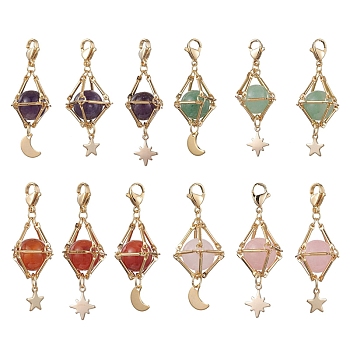Natural Gemstone Brass Pendant Decorations, Diamond with Star & Moon, 48~52mm, 3pcs/set