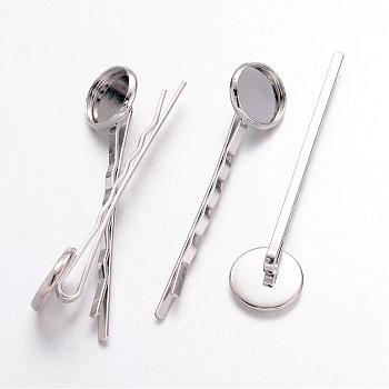 Iron Hair Bobby Pin Findings, with Brass Tray, Nice for DIY Hair Findings, Platinum, 59~61x13mm