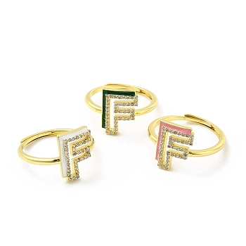 Mixed Color Enamel Initial Letter Adjustable Ring with Clear Cubic Zirconia, Real 18K Gold Plated Brass Jewelry for Women, Cadmium Free & Lead Free, Letter.F, US Size 5 1/4(16mm), Letter.F: 13x10mm