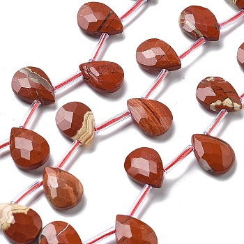 Natural Red Jasper Beads Strands, Faceted, Teardrop, with Tube Beads, Top Drilled, 14x10.5x4~4.5mm, Hole: 0.5mm, about 24pcs/strand, 16.26''(41.3cm)