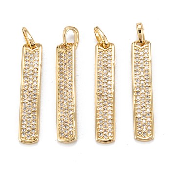 Brass Micro Pave Clear Cubic Zirconia Pendants, Long-Lasting Plated, Rectangle, Real 18K Gold Plated, 32x6x2mm, Hole: 5x3.5mm