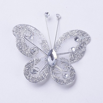 Polyester Butterfly Decoration, with Iron and Acrylic Rhinestone, WhiteSmoke, 50~56x54~56x5~7mm