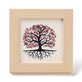 Tree of Life Natural Strawberry Quartz Chips Picture Frame Stand, with Wood Square Frame, Feng Shui Money Tree Picture Frame Home Office Decoration, 66x130x120mm, Inner Diameter: 90x90mm