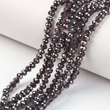 Electroplate Transparent Glass Beads Strands, Half Black Plated, Faceted, Rondelle, Coconut Brown, 6x5mm, Hole: 1mm, about 85~88pcs/strand, 16.1~16.5 inch(41~42cm)
