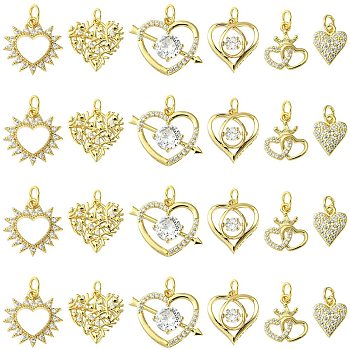 12Pcs 6 Styles Rack Plating Brass Pave Cubic Zirconia Pendants, Lead Free & Cadmium Free, with Jump Ring, Long-Lasting Plated, Heart Charm, Real 18K Gold Plated, 11~18x9~21x2~6mm, Hole: 3.4mm