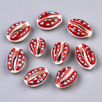 Natural Cowrie Shell Beads, with Enamel Polka Dot Pattern, No Hole/Undrilled, Dark Red, 16~19x10~12.5x7mm
