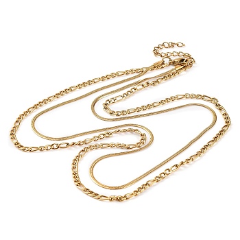 304 Stainless Steel Double Layer Figaro Chain & Herringbone Chain Necklaces for Women, Real 18K Gold Plated, 17.05 inch(43.3cm)