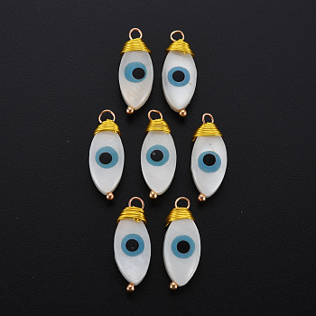 Freshwater Shell Pendants, with Golden Brass Findings, Evil Eye, Seashell Color, 20x7.5x5mm, Hole: 2mm