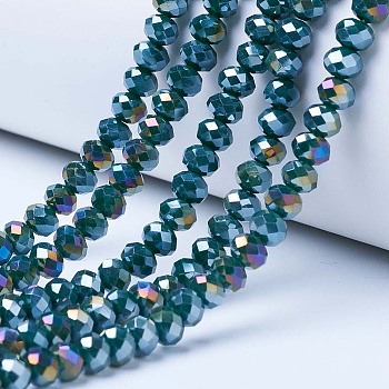 Electroplate Glass Beads Strands, Opaque Solid Color, AB Color Plated, Faceted, Rondelle, Teal, 4x3mm, Hole: 0.4mm, about 113~115pcs/strand, 41~42cm