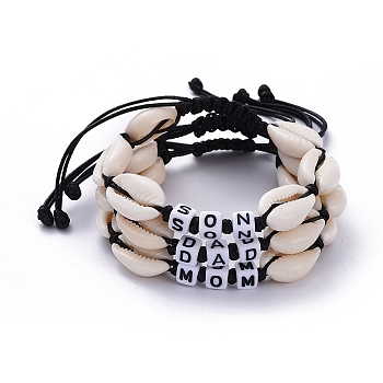 (Jewelry Parties Factory Sale)Family Bracelets Sets, Adjustable Korean Waxed Polyester Cord Braided Bead Bracelets, with Acrylic Letter Beads and Cowrie Shell, Word DAD & MOM & SON, Black, Inner Diameter: 2 inch~3-1/2 inch(5.1~9cm), 3pcs/set