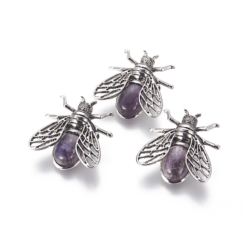 Natural Amethyst Brooches, with Brass Findings, Cicada, Antique Silver, 38x36x8mm, Pin: 0.6mm