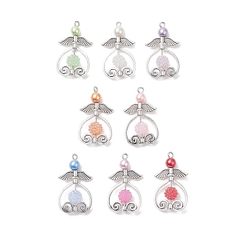 Glass Pearl Bead Angel Pendants, with Iron Flat Head Pins, Alloy Bead Frames & Acrylic Beads, Mixed Color, 34.5x19.5x8mm, Hole: 2.6x2.2mm, 8pcs/set